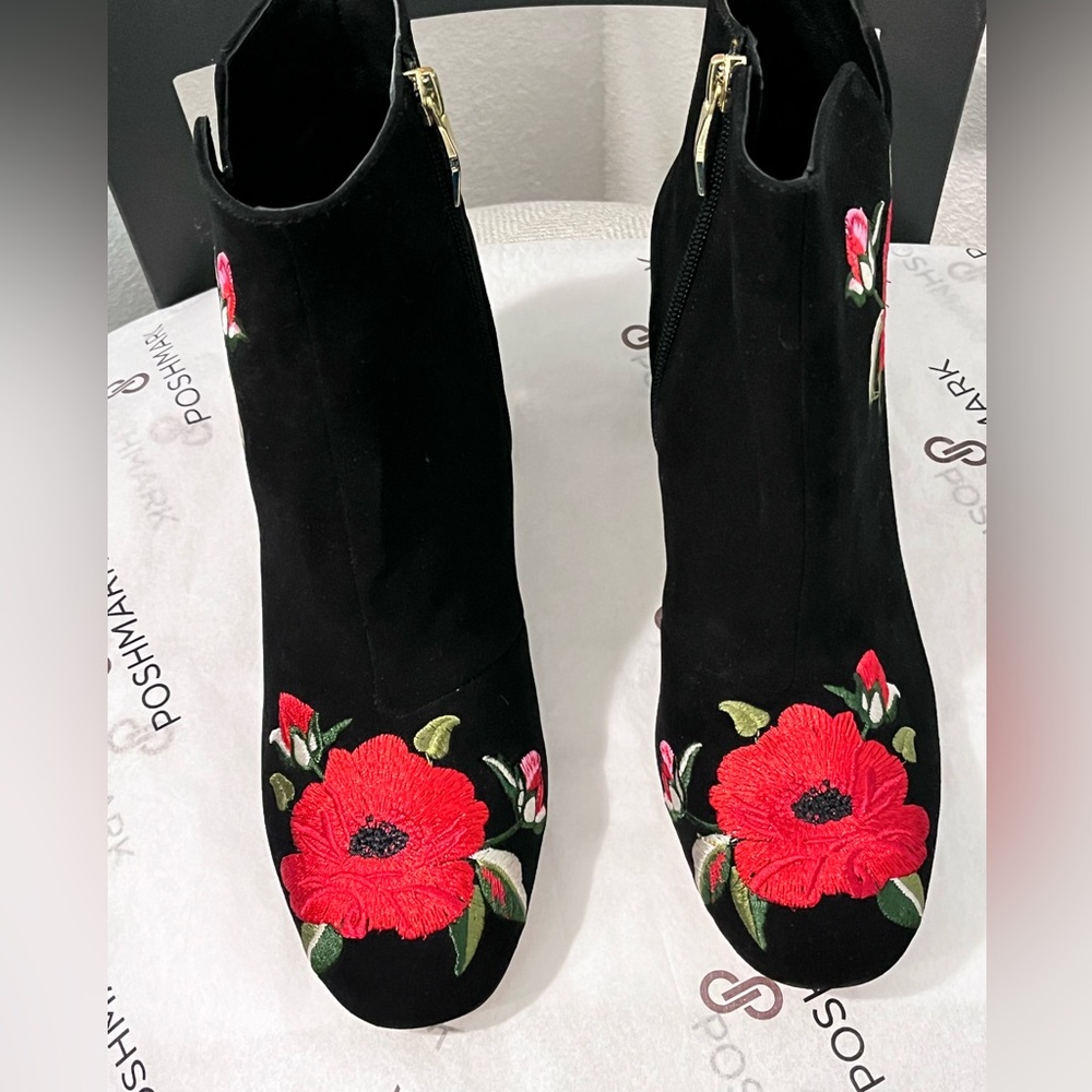 KATE SPADE ‘LANGSTON’ BLACK SUEDE & RED POPPY EMBROIDERY BOOTS
